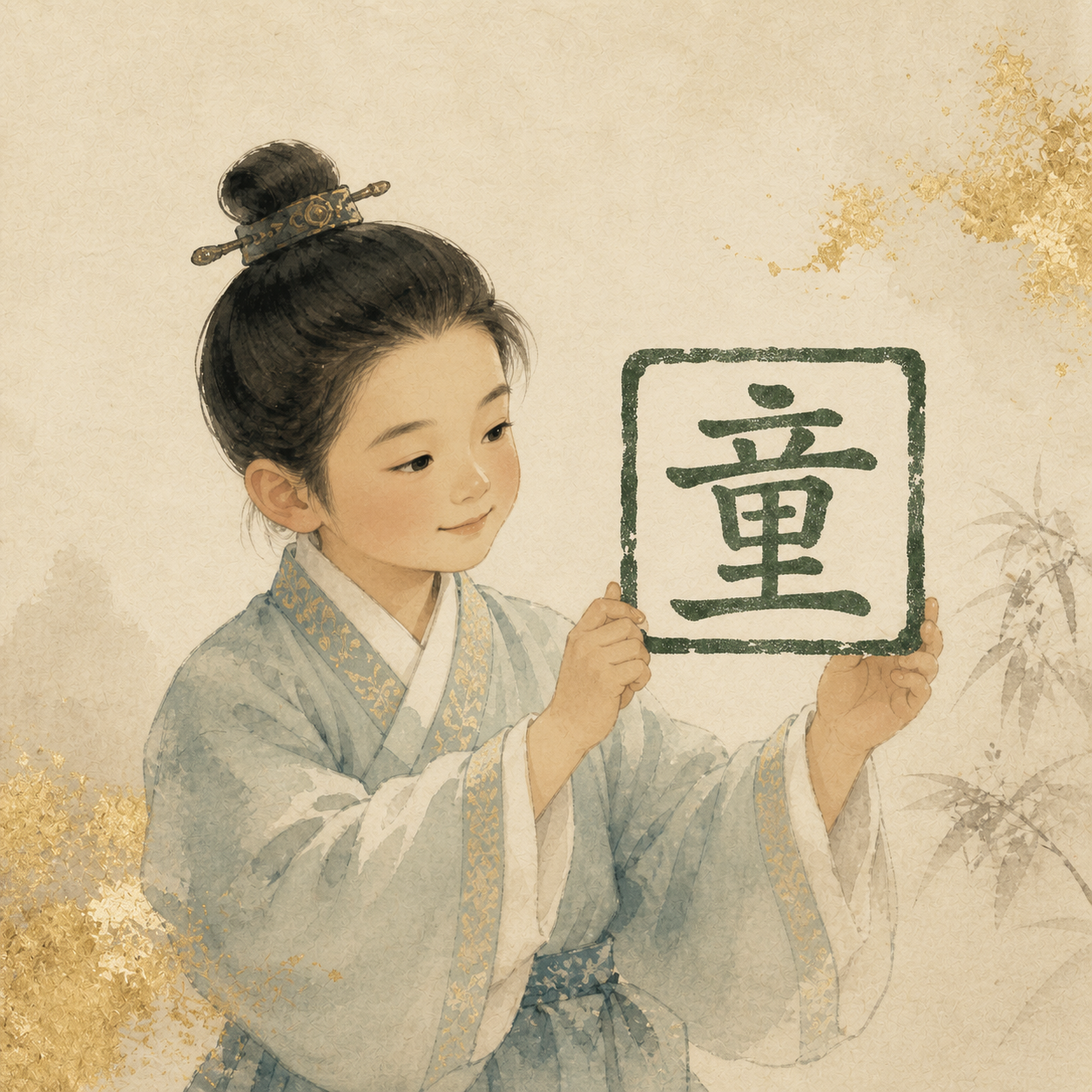 사주동자 — 청자 한복을 입은 어린 동자가 童 인장을 들고 있는 모습