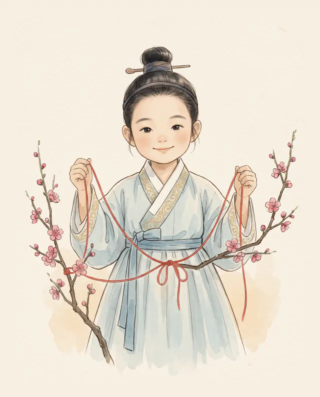 붉은 실로 두 매화 가지를 이어 묶는 사주동자