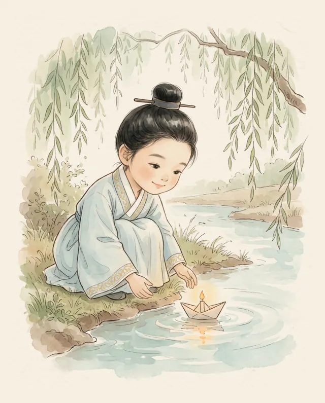 촛불 실은 종이배를 냇물에 띄우는 사주동자